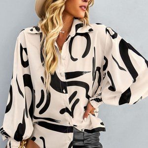 Printed Lantern Sleeve Button-Up Shirt